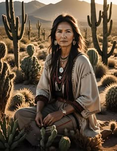 a native american woman sitting in the desert surrounded by cacti