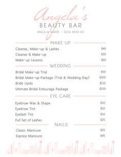 the beauty bar menu is shown in pink and white