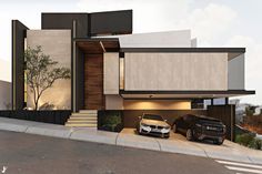 two cars parked in front of a modern house