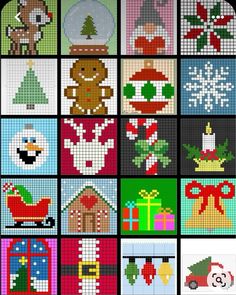 the cross stitch pattern for christmas is shown in different colors and designs, including santa's sleigh