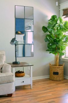 a living room with a couch, mirror and potted plant on the table in front of it