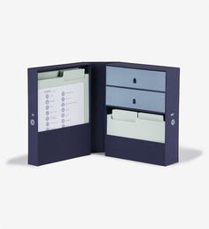 an open folder with two file drawers on the front and one drawer in the back