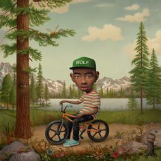 a painting of a man on a bicycle in the woods with mountains and trees behind him