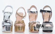 four pairs of high heeled shoes are shown in three different colors and sizes, one is gold, the other silver