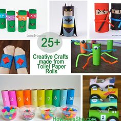 some crafts made from toilet paper rolls are featured in this collage with the words 25 + creative crafts made from toilet paper rolls