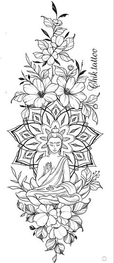 a drawing of buddha surrounded by flowers and leaves on a white background with black ink