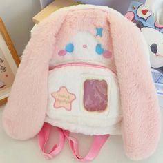 Kawaii Pink Backpack With Cute Design, Pink Kawaii Backpack With Cute Design, Cute Plush Backpack For Everyday Use, Cute Pink Bunny Design Bags, Cute Pink Student Backpack, Cute Pink Backpack For Students, Pink Plush Kawaii Bag, Kawaii Pink Plush Bag, Kawaii Plush School Backpack