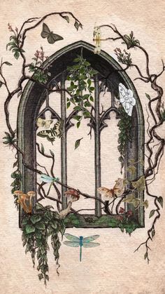 an image of a window with plants and birds around it, saying every in the forest i stoll to hear the wisdom of my soul