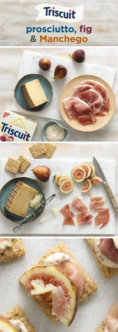 the process of making an appetizer with ham and cheeses on crackers