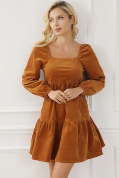 Square Neck Long Sleeve Tiered Dress - Casual & Maxi Dresses - FITGGINS Fall Mini Dress With Square Neck, Fall Mini Dress With Square Neck And Ruched Detail, Fall Mini Dress With Ruched Square Neck, Fall Ruched Square Neck Mini Dress, Brown Square Neck Mini Dress For Fall, Brown Square Neck Mini Dress For Brunch, Casual Ruched Dress For Fall, Casual Fall Dress With Ruched Details, Fall Casual Ruched Dress