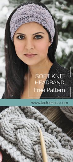 a woman wearing a knitted headband with the text, soft knit headband free pattern