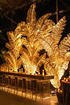 a bunch of candles that are sitting in front of a plant with leaves on it