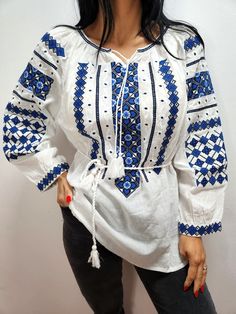 Folk embroidery blouse ♥ also in Oversized Flower embroidery Blouse ♥ Dimensions: S : Bust 96 cm / 38 "inch , Length 62 cm / 24" inch M: Bust 100cm / 39"inch , Length 62 cm / 24"inch L: Bust 110 cm/ 44"inch , Length 63 cm/ 25"inch XL: Bust 115 / 45"inch , Length 63 cm/ 25"inch XXL : Bust 120 / 47"inch, Length 63 cm/ 25"inch 3XL : Bust 125 / 49"inch, Length 63 cm / 25"inch 100% cotton You can maintain the brilliance of the colours and the beauty of the embroidery by washing in the washing machine at 30 degrees or, preferably, delicate hand wash. Ready to ship in 3-4 days! Thank you for viewing ! Blue Embroidery Blouse, Folk Embroidery, Blue Embroidery, Cotton Gifts, Oversized Blouse, Handmade Gift Wrap, Embroidery Blouse, Cotton Blouse, Flower Embroidery