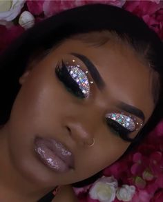 Birthday Makeup With Rhinestones, Glam Makeup With Rhinestones, 21st Makeup Ideas, Bling Makeup Looks, Soft Glam With Rhinestones, Bday Makeup Ideas, Makeup Ideas Birthday