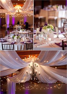 wedding reception tables with white draping and purple lighting