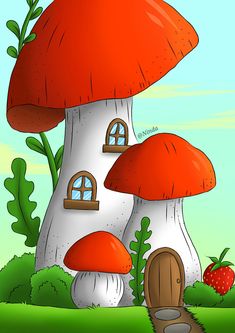 an image of a mushroom house in the grass