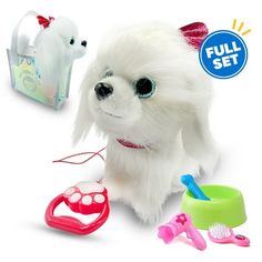 a small white dog with big eyes next to other toys and accessories on a white background