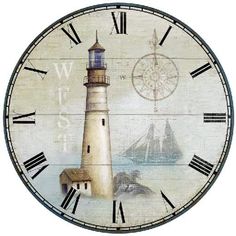 a clock with a painting of a lighthouse and ship on it's face is shown