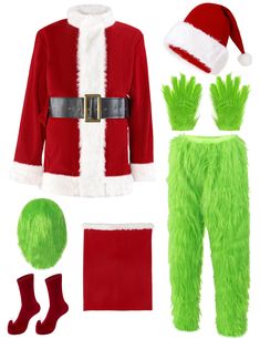 the grin costume is green and has red pants, boots, and santa's hat