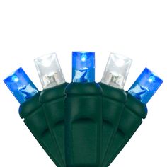 blue christmas lights with white bulbs are on a green plastic holder against a white background