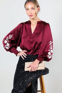 Wine Floral Embroidery Detail Satin Blouse Top Fall V-neck Blouse With Embroidered Sleeves, Embroidered V-neck Blouse For Fall, Elegant Embroidered V-neck Blouse Piece, Silk V-neck Top With Embroidery, Elegant Long Sleeve Embroidered Top For Fall, Chic Floral Embroidery Blouse For Fall, Chic Long Sleeve Embroidered Top With Floral Embroidery, Chic Floral Embroidered Blouse For Fall, Chic Long Sleeve Floral Embroidered Top