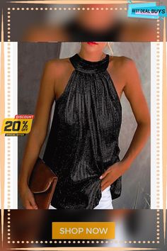 Women's Shirt Blouse Tank Top Silver Black Yellow Plain Sexy Pleated Cut Out Sleeveless Daily Basic Beach Halter Plus Size S Stretch Sleeveless Tank Top For Party, Casual Party Blouse With Vest, Casual Party Blouse, Black Halter Neck Tank Top For Party, Casual Sleeveless Party Top, Casual Tank Blouse For Party, Casual Sleeveless Top For Party, Glamorous Halter Neck Tops For Summer, Glamorous Halter Neck Summer Top