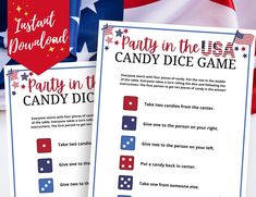 an american flag and some candy in the usa game cards with dices on them