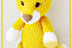 a crocheted yellow teddy bear sitting on top of a white surface with the words pattones written below it