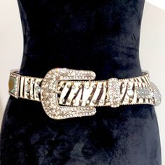 Euc Gorgeous Zebra Print Cowhide Western Belt With Huge Silver Buckle, Embellished With Crystal Rhinestone Bling Anc One Xl Crystal In Back. Please See Photos For Additional Detailed Information And Comment Below With Any Questions. Size Small Fits Waist 28-32 Luxury Silver Embellished Jewelry, Luxury Embellished Silver Jewelry, Silver Bedazzled Jewelry For Evening, Silver Rhinestone Jewelry For Night Out, Western Belt, Western Belts, Crystal Embellishment, Zebra Print, Crystal Rhinestone