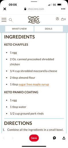 the ingredients list for keto chaffles is displayed on an iphone screen, and it