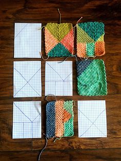 four square pieces of crochet laid out on a wooden table next to each other