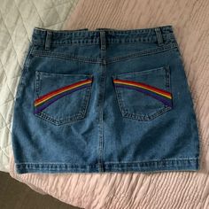 Nwot Button Up Jean Skirt With Cute Rainbow Embroidered Pockets. Size Medium. Super Cute Style I Just Don’t Wear Skirts Enough To Keep. From A Smoke/Pet Free Home. Casual Rainbow Skirt For Spring, Forever 21 Blue Cotton Mini Skirt, Forever 21 High Waist Blue Skirt, 80s Skirts, Denim Aesthetic, 80s Skirt, Skirt Denim, Cute Rainbow, Forever 21 Skirts