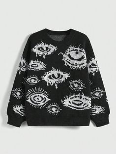 Eye Pattern Drop Shoulder Sweater Black Casual  Long Sleeve Knitwear Figure Pullovers Slight Stretch  Women Clothing, size features are:Bust: ,Length: ,Sleeve Length: Shein Grunge Clothes, Eyes On Clothes, Starflesh Clothes, Dream Clothes Grunge, Gothic Crochet Sweater, Cybersigilism Clothes, Eyeball Sweater, Weird Clothes Aesthetic, Alt Sweater