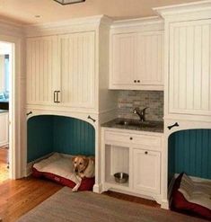 a dog is laying on his bed in the middle of a kitchen with white cabinets