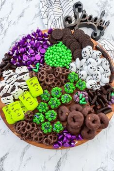 halloween snacks arranged on a platter with text overlay