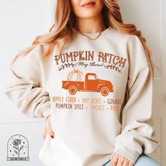 Pumpkin Patch Truck Fall Shirt Fall Sweatshirt Halloween Fall Shirts Retro Fall Hoodies Halloween Shirt Cute Fall Sweater Womens Fall Sweatshirts Crewnecks Tees ALL OF OUR ITEMS CAN BE MADE IN YOUTH SIZES, TSHIRTS (COMFORT COLORS AND BELLA CANVAS), SWEATSHIRTS AND HOODIES AND IN OTHER COLORS THAN LISTED USUALLY. IF THERE IS A DESIGN YOU WOULD LIKE IN A DIFFERENT OPTION JUST ASK AND WE WILL ADD IT FOR YOU PLEASE NOTE: These sweatshirts are unisex and fit true to size! If you prefer an oversized f Grunge Sweatshirt, Fall Crewneck Sweatshirt, Cute Sweaters For Fall, Trending Graphic Tees, Distressed Sweatshirt, Pumpkin Sweatshirts, Pumpkin Season, Gildan Sweatshirts, Digital Nature