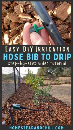 a hand holding a pen over a pile of wood and mulch with the words easy diy irrigation hose bib to drip