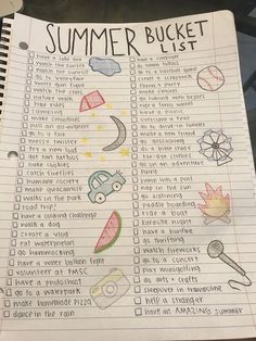 a summer bucket list is shown on top of a notebook