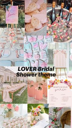 a collage of pink and white wedding themes with flowers, cookies, champagnes, wine bottles, desserts, and more