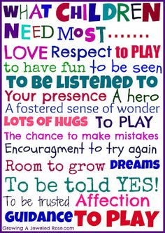 a poster with the words what children need to play in different colors and font styles