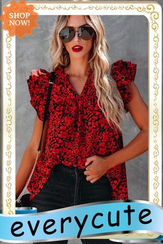 Red Floral Print Tiered Flutter Sleeve V Neck Top Red Ruffle Sleeve Summer Tops, Red Ruffle Sleeve Top For Summer, Red Ruffle Sleeve Blouse For Summer, Red Ruffle Sleeve Tops For Spring, Chic Red Flutter Sleeve Top, Chic Red Printed Blouse, Chic Red Blouse For Vacation, Trendy Red Ruffled Blouse, Casual Red Blouse With Flutter Sleeves