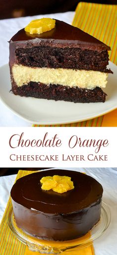 chocolate orange cheesecake layer cake on a plate