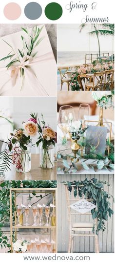 a collage of photos with flowers, greenery and wine glasses on it's side