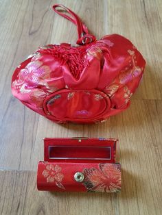 "Lovely 60s bright red traditional print Asian pouch wristlet / cosmetic bag with matching mirrored lipstick case Hinged top opening with wrist handle and loop with long red tassel Inside there is an open pocket and plain red lining. A lovely matching lipstick case with inside mirror inside the bag Across 7\" down 6\" wristlet loop 11\" around" Cheap Red Box Bag With Removable Pouch, Mod Mini Dress, Plain Red, Wristlet Pouch, Lipstick Case, Woven Raffia, Cute Notes, Cute Purses, Long Red