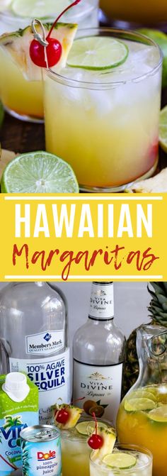 hawaiian margaritas with pineapple, lime and cherries on the rim in glasses