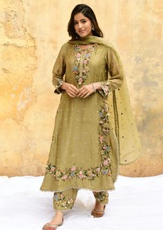 Niti Bothra | Olive Green Orchid Heavy Long Kurta Set | INDIASPOPUP.COM Kurta Sleeves Design Latest, Machine Work Suits, Machine Embroidery Designs For Suits, Long Kurti Patterns, Designer Suits For Wedding, Resham Embroidery, Green Orchid, Long Kurta, Latest Dress Design