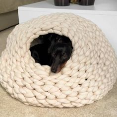 a black dog is laying in a large white roped bed on the floor next to a coffee table