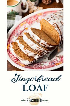 sliced loaf of gingerbread loaf with icing on a red and white floral plate