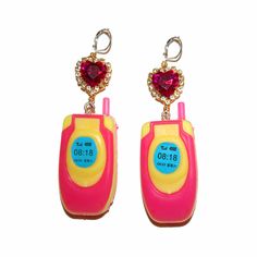 "Gem Heart 90s Flip Phone Earrings They are lightweight & measure 3\" long including hook Featuring beautiful and shiny heart gems! Hooks are sterling plated, extra secure and will work with gauages." Retro Jewelry For Valentine's Day Party, Vintage Plastic Jewelry For Gifts, Retro Handmade Plastic Jewelry, Retro Pink Nickel-free Jewelry, Phone Earrings, Toy Jewelry, Flip Phone, Flip Phones, Jewelry Vintage