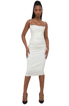 This flattering satin dress features a fully corseted bodice for a cinched look that doesn't require a bra and still drapes beautifully over your body. 44 1/2" length Cowl neck Spaghetti straps Lined 97% polyester, 3% elastane Dry clean Imported White Ruched Corset Dress For Cocktail, White Midi Dress With Ruched Bodice And Straight Neckline, White Ruched Midi Dress With Straight Neckline, White Midi Dress With Ruched Detail And Straight Neckline, Satin Midi Dress With Square Neck And Fitted Bodice, Ruched Midi Dress With Fitted Bodice For Dinner, Satin Ruched Corset Dress, Elegant White Ruched Corset Dress, Fitted Cream Midi Dress With Pleated Bodice